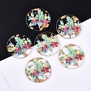 Transparent Epoxy Resin Pendants, with Gold Foil, 3D Printed, Flat Round with Flower Pattern, Colorful, 39~40x3mm, Hole: 1.6mm(KY-S163-138)
