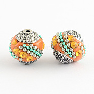 Handmade Indonesia Beads, with Light Topaz Rhinestones and Alloy Cores, Round, Antique Silver, Dark Orange, 14~16x14~16mm, Hole: 1.5mm(IPDL-R437-06)