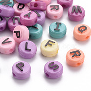 Opaque Mixed Color Acrylic Beads, Horizontal Hole, Flat Round with Black Random Letters, Mixed Color, 10x6mm, Hole: 2mm, about 1550pcs/500g(MACR-Q242-002)