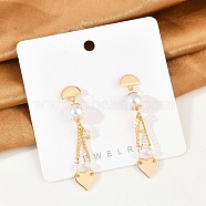 Brass ABS Plastic Pearl Dangle Stud Earrings, Heart, Real 18K Gold Plated, 52x10mm(EJEW-U040-16G)