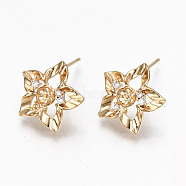 Hollow Brass Micro Pave Clear Cubic Zirconia Stud Earring Findings, with Loop and for Half Drilled Beads, Flower, Nickel Free, Real 18K Gold Plated, Clear, 15x16mm, Hole: 1mm, pin: 0.7mm, pin: 0.7mm(for half drilled beads)(KK-R117-059-NF)