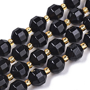 Natural Agate Beads Strands, Faceted, with Seed Beads, Dyed, Round, Black, 8x7.5mm, Hole: 1.2mm, Beads: 3.5x2mm, about 34pcs/strand, 15.35 inch(39cm)(G-T131-82A-01)