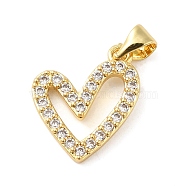 Rack Plating Brass Micro Pave Clear Cubic Zirconia Pendants, Long-Lasting Plated, Cadmium Free & Lead Free, Heart Charm, Real 18K Gold Plated, 17x14x2mm, Hole: 4x3.5mm(KK-Q784-24G)