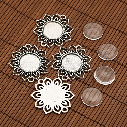 Tibetan Style Alloy Flower Connector Cabochon Bezel Settings and Flat Round Transparent Glass Cabochons, Antique Silver, Tray: 18mm, 39x35mm, Hole: 3mm, Glass Cabochons: 18mm(DIY-X0204-AS)