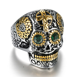 Two Tone 316 Surgical Stainless Steel Skull with Cross Finger Ring, Emerald Rhinestone Gothic Punk Jewelry for Men Women, Golden & Stainless Steel Color, US Size 14(23mm)(SKUL-PW0002-033H-GP)
