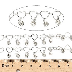 Rack Plating Brass Heart Link Chains, with Clear Glass Charms, Long-Lasting Plated, Soldered, with Spool, Platinum, Heart: 6.5x7.5x1mm, Flat Round: 6x4x3mm, about 32.81 Feet(10m)/Roll(CHC-A007-14P)