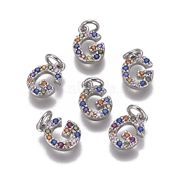 Brass Micro Pave Cubic Zirconia Charms, Letter, Colorful, Platinum, Letter.G, 9.6x6.6x1.8mm, Hole: 2mm(ZIRC-L070-38G-P)