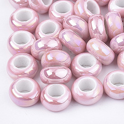 Electroplate Porcelain Beads, Large Hole Beads, AB Color Plated, Rondelle, Pink, 12~13x6.5mm, Hole: 6mm(X-PORC-T003-01-08)