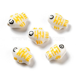 Handmade Printed Porcelain Beads, Fish, Yellow, 14.5~15x11.5~12x7~7.5mm, Hole: 1.6mm(PORC-F005-03B)