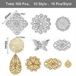 100 Pcs 10 Styles Iron Links, Etched Metal Embellishments, Mixed Shape, Mixed Color, 10pcs/style(IFIN-SZ0001-009)