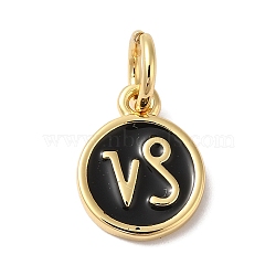 Real 18K Gold Plated Brass Enamel Charms, with Jump Ring, Long-Lasting Plated, Lead Free & Cadmium Free, Flat Round with Capricorn Charms, Black, 10x8x1mm, Hole: 4mm(KK-L216-001G-G01)