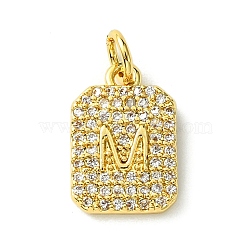 Rack Plating Brass Micro Pave Clear Cubic Zirconia Charms, Long-Lasting Plated, Lead Free & Cadmium Free, Rectangle with Letter Pattern, with Jump Ring, Real 18K Gold Plated, Letter M, 14x9.5x2mm, Hole: 3mm(KK-G501-01M-G)