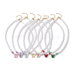 Glass Pearl Beads Necklaces, Alloy Acrylic Butterfly Pendant Necklaces, Mixed Color, 16.65 inch(42.3cm)(NJEW-JN04726)