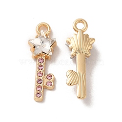 Rack Plating Alloy Rhinestone Pendants, Nickel Free, with Glass, Star Key Charms, Golden, Clear, 24x8.5x5.5mm, Hole: 2mm(PALLOY-O106-12G-01)