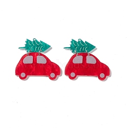 Opaque Acrylic with Iron Rings Pendants, Vehicle with Christmas Tree Charms, Red, 43x44x2.5mm, Hole: 1.5mm(SACR-G023-B07)