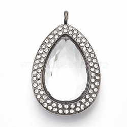 Alloy Magnetic Locket Pendants, with Rhinestone and Glass, Teardrop, Faceted, Crystal, Gunmetal, 46x29.5x15mm, Hole: 4mm; Inner Measure: 25.5x16mm(PALLOY-T052-27B)