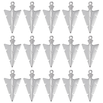 50Pcs 201 Stainless Steel Pointed Pendants, Arrow Charm, Stainless Steel Color, 28.5x15.5x2.5mm, Hole: 1.6mm