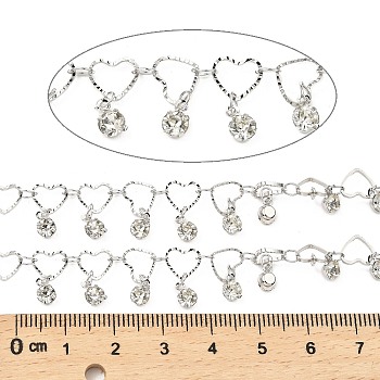 Rack Plating Brass Heart Link Chains, with Clear Glass Charms, Long-Lasting Plated, Soldered, with Spool, Platinum, Heart: 6.5x7.5x1mm, Flat Round: 6x4x3mm, about 32.81 Feet(10m)/Roll