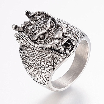 304 Stainless Steel Finger Rings, Wide Band Rings, Dragon, Antique Silver, 17~23mm