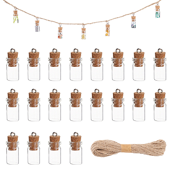 Glass Wishing Bottle Pendant Decorations, Jute Cord Hanging Ornaments, Clear, 25mm, 1pcs/set