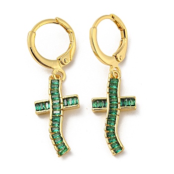 Real 18K Gold Plated Brass Dangle Leverback Earrings, with Glass, Cross, Green, 33.5x10mm