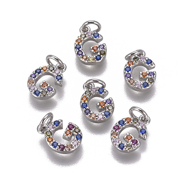 Brass Micro Pave Cubic Zirconia Charms, Letter, Colorful, Platinum, Letter.G, 9.6x6.6x1.8mm, Hole: 2mm