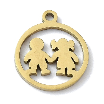 304 Stainless Steel Charms, Laser Cut, Flat Round with Couple Charms, Golden, 14x11.5x1mm, Hole: 1.2mm