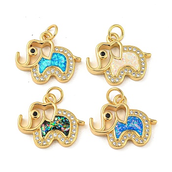 Elephant Brass Pendants Micro Pave Cubic Zirconia with Synthetic Opal, with Jump Rings, Real 18K Gold Plated, Mixed Color, 16x18.5x3.5mm, Hole: 3.5mm