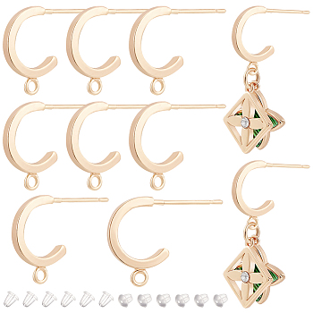 12Pcs Brass Stud Earrings Findings, Half Hoop Earring Findings, with Horizontal Loop, C-Shaped, Golden, 14x11x2mm, Hole: 1.2mm, Pin: 0.7mm