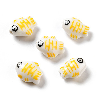 Handmade Printed Porcelain Beads, Fish, Yellow, 14.5~15x11.5~12x7~7.5mm, Hole: 1.6mm