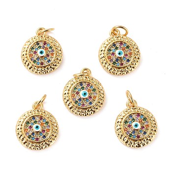 Brass Micro Pave Cubic Zirconia Pendants, with Enamel, Long-Lasting Plated, Cadmium Free & Lead Free, Flat Round with Evil Eye, Real 18K Gold Plated, 15x12.5x3.5mm, Hole: 3.6mm