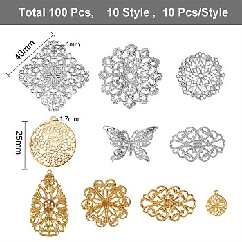 100 Pcs 10 Styles Iron Links, Etched Metal Embellishments, Mixed Shape, Mixed Color, 10pcs/style