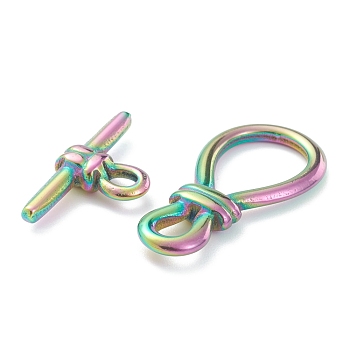 Ion Plating(IP) 304 Stainless Steel Toggle Clasps, Rainbow Color, Bar: 26x13.5x4.5mm, hole: 4x3mm, Clasp: 34x17x4mm, small inner diameter: 5.5x4.5mm, big inner diameter: 17x11.5mm