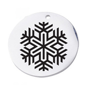 Christmas 304 Stainless Steel Pendants, Flat Round with Snowflake, Stainless Steel Color, 20mm