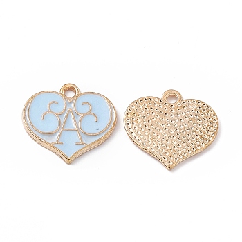 Alloy Enamel Pendants, Heart with Letter A Charm, Golden, Light Sky Blue, 17x18x1mm, Hole: 1.8mm