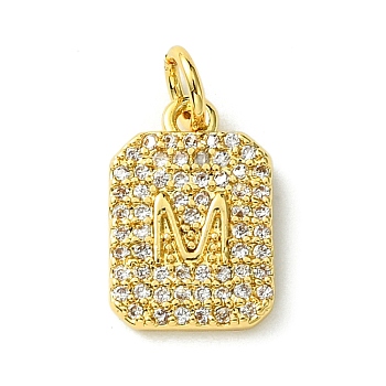 Rack Plating Brass Micro Pave Clear Cubic Zirconia Charms, Long-Lasting Plated, Lead Free & Cadmium Free, Rectangle with Letter Pattern, with Jump Ring, Real 18K Gold Plated, Letter M, 14x9.5x2mm, Hole: 3mm