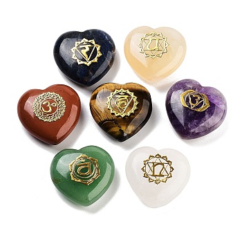 7 Chakra Natural Gemstone Ornaments, Love Heart Stone for Reiki Energy Balancing Meditation Gift, 30x29.5x13mm, 7pcs/set