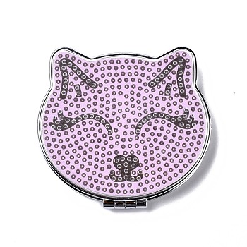 DIY Cat Special Shaped Diamond Painting Mini Makeup Mirror Kits, Foldable Two Sides Vanity Mirrors, with Rhinestone, Pen, Plastic Tray and Drilling Mud, Pearl Pink, 74x89x12.5mm