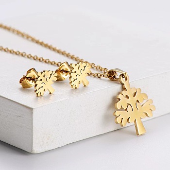201 Stainless Steel Pendant Necklace & Stud Earring Sets, Golden, Tree of Life, 450mm