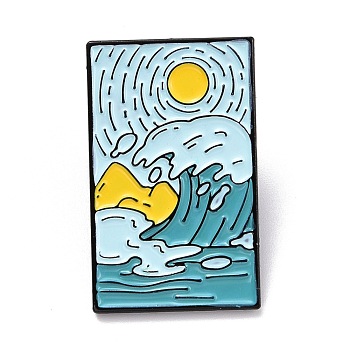 Sun and Sea Enamel Pin, Rectangle with Scenery Alloy Enamel Brooch for Backpack Clothes, Electrophoresis Black, Light Blue, 30.5x19x10.5mm, Pin: 1mm.