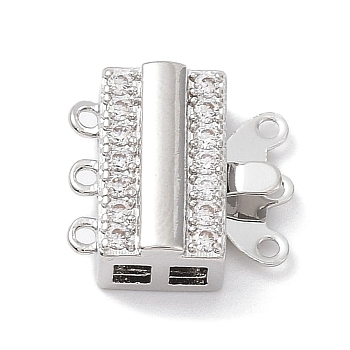 Brass Micro Pave Clear Cubic Zirconia Box Clasps, 3-Strand, 6-Hole, Rectangle, Real Platinum Plated, 12x13x5mm, Hole: 1mm and 2x2mm