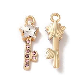 Rack Plating Alloy Rhinestone Pendants, Nickel Free, with Glass, Star Key Charms, Golden, Clear, 24x8.5x5.5mm, Hole: 2mm