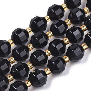 Natural Agate Beads Strands, Faceted, with Seed Beads, Dyed, Round, Black, 8x7.5mm, Hole: 1.2mm, Beads: 3.5x2mm, about 34pcs/strand, 15.35 inch(39cm)