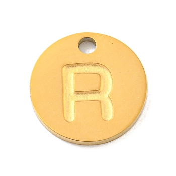 Ion Plating(IP) 304 Stainless Steel Pendants, Laser Cut, Flat Round with Letter Charm, Golden, Letter R, 10x1mm, Hole: 1.4mm