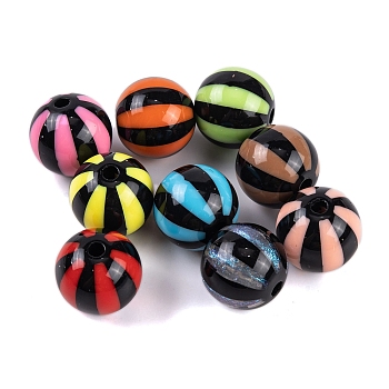 Printing Acrylic Bead, Round, Black, Stripe, 15x15.5mm, Hole: 3mm, 229pcs/500g