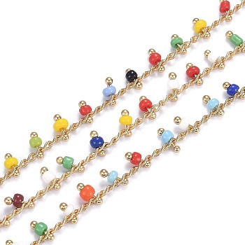 3.28 Feet Brass Handmade Glass Beaded Chains, with Spool, Soldered, Long-Lasting Plated, Real 18K Gold Plated, Rondelle, Colorful, Links: 2x2x0.8mm, Charm: 5.5x3mm