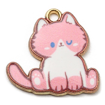 Printed Alloy Pendants, Golden, Cadmium Free & Nickel Free & Lead Free, Cat Shape Charms, Pink, 20x20x2mm, Hole: 1.6mm