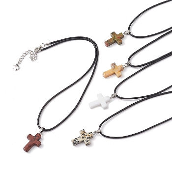 Natural Mixed Gemstone Cross Pendant Necklaces, with Imitation Leather Cords, 17.80 inch(45.2cm)
