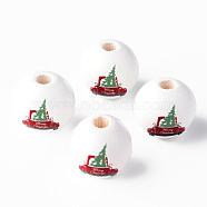 Painted Natural Wood Round Beads,  Car with Christmas Tree Pattern, Red, 16x15mm, Hole: 4mm(WOOD-N006-179)