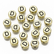 Plating Acrylic Beads, Horizontal Hole, Flat Round with Letter, Golden Plated, Black, Letter.D, 7x4mm, Hole: 1.2mm.(X-PACR-CD0001-D)